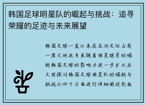 韩国足球明星队的崛起与挑战：追寻荣耀的足迹与未来展望